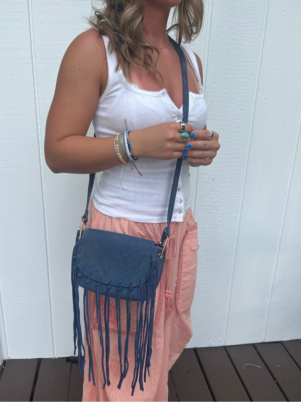 Free People Suede Blue Fringe Handbag Crossbody NWOT